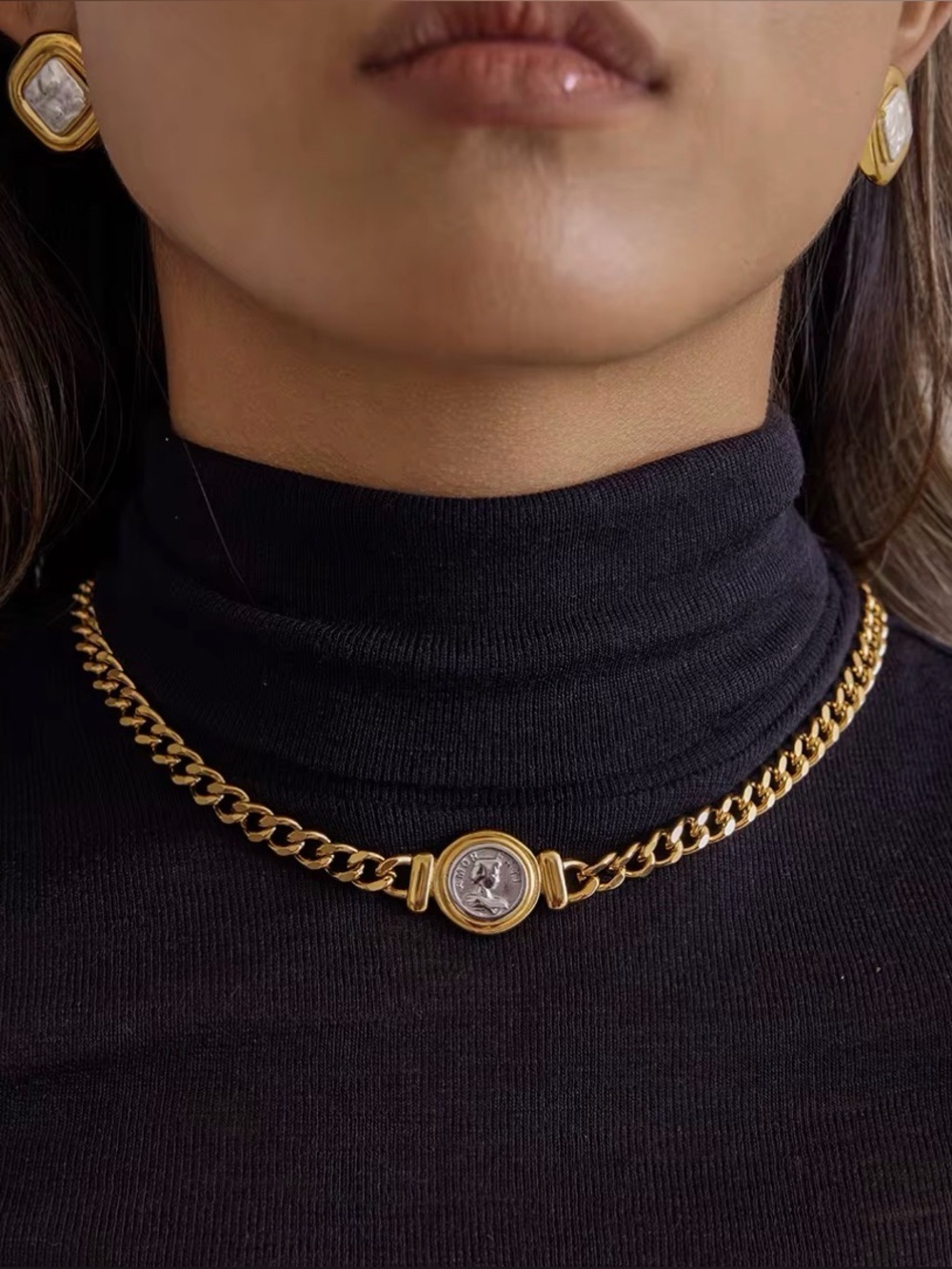 Cuban Style necklace 18K Gold Plated Coin Pendant Chain Necklace